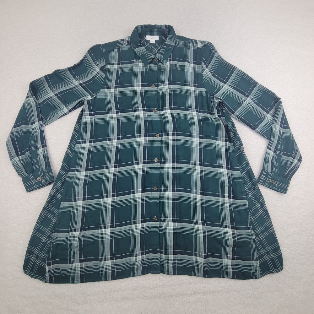 J Jill Shirt Womens XS Green Plaid Button Down Tunic Dress Rayon Pockets Long